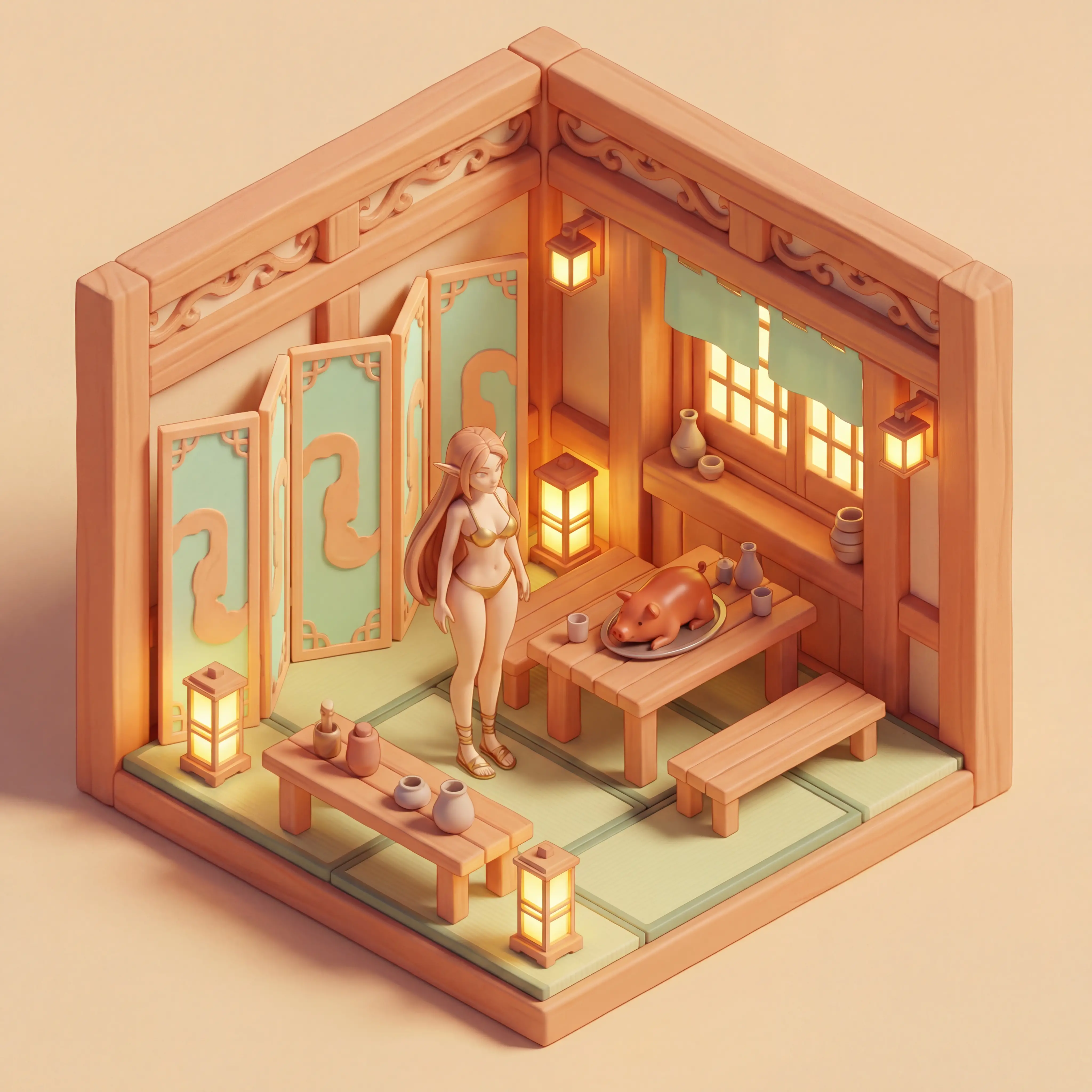 Miniature de jeune elfe dans l’intérieur d’une taverne japonaise