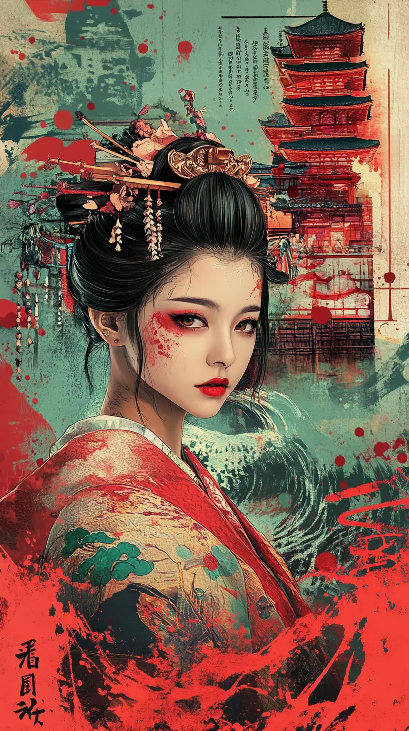 Melancholic Japanese woman with dynamic pagoda collage