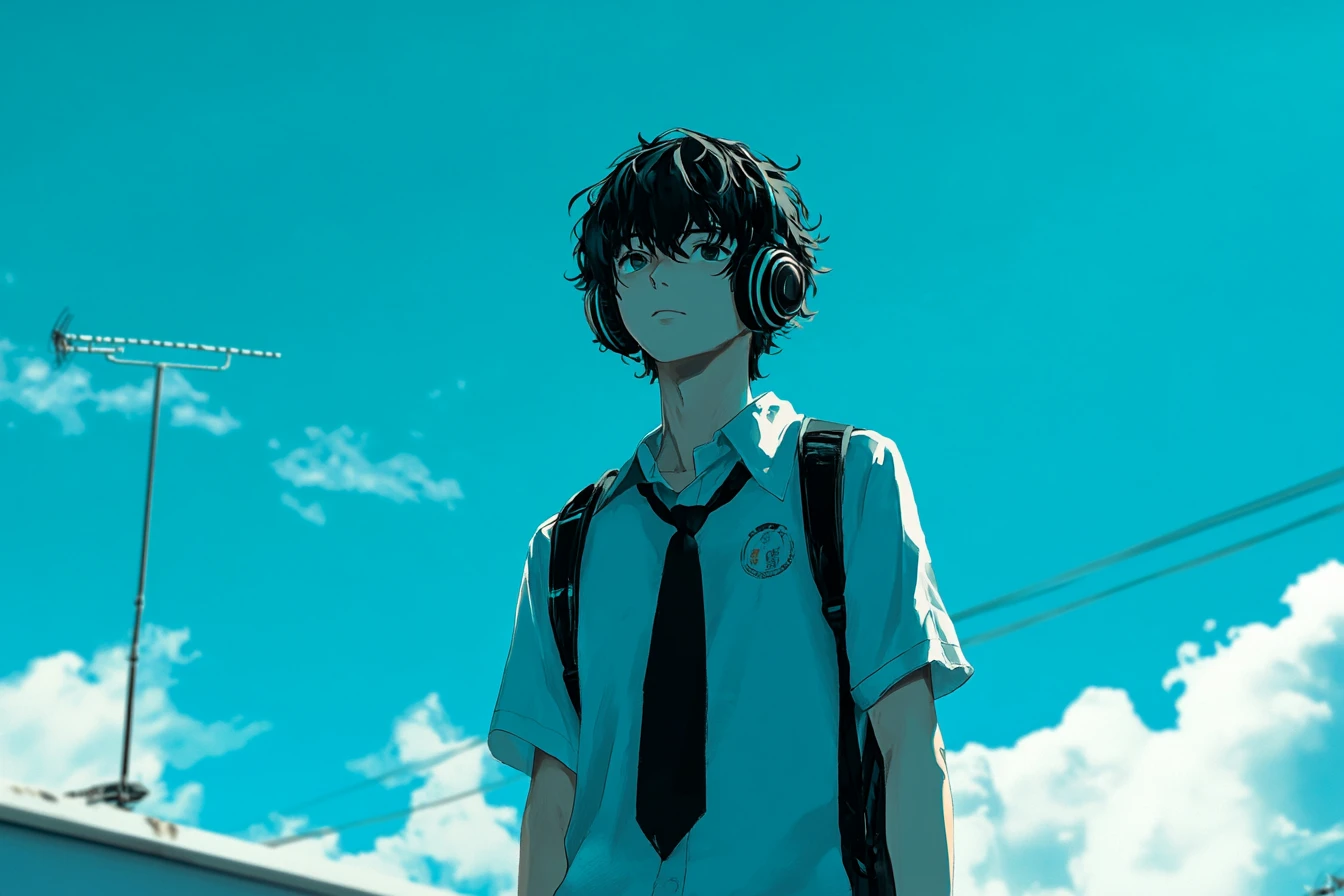 Garçon d’anime sur le toit de l’école sous la lumière éclatante de l’été