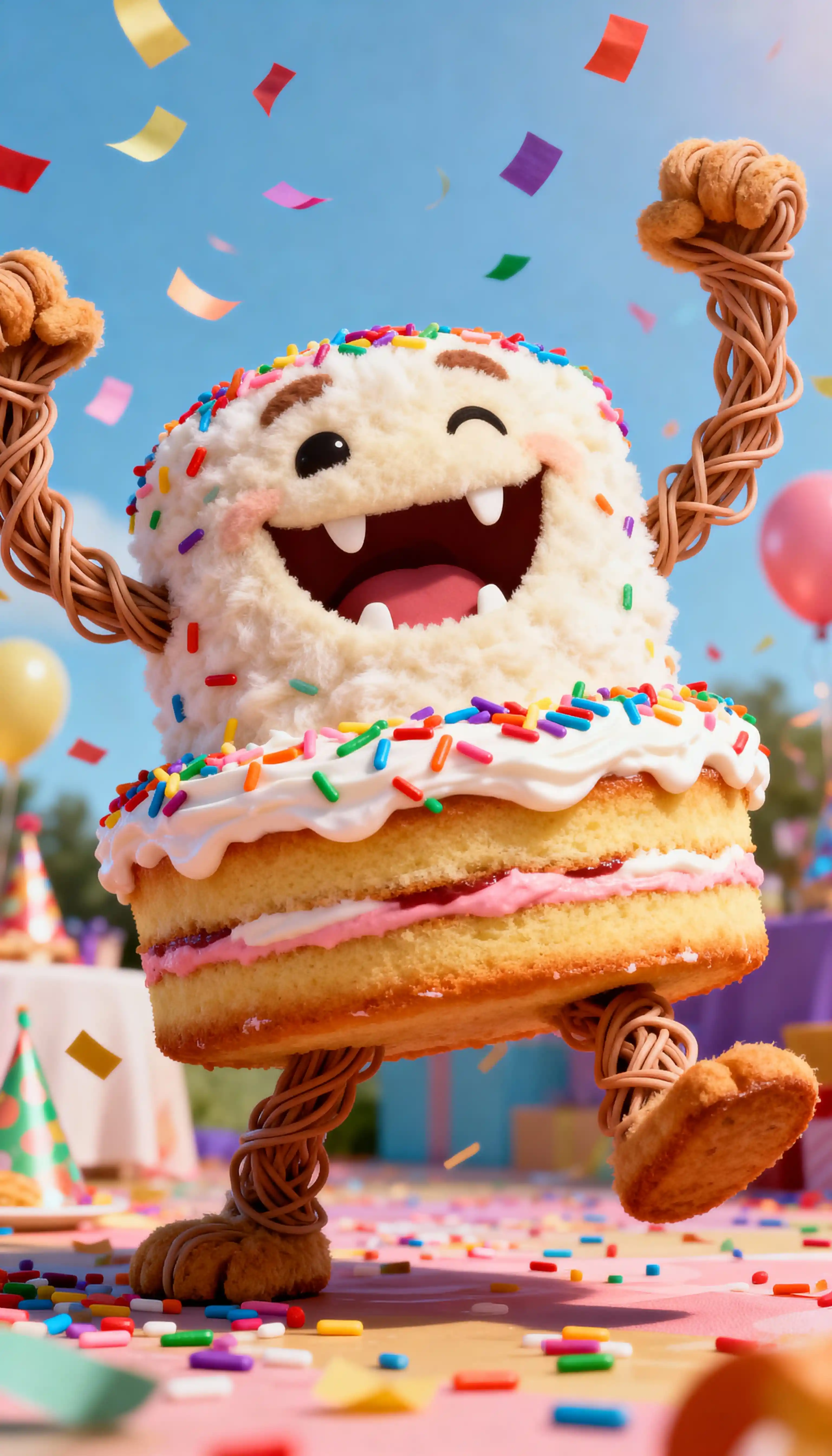 Whimsical Cartoon Cake Creature At A Colorful Party