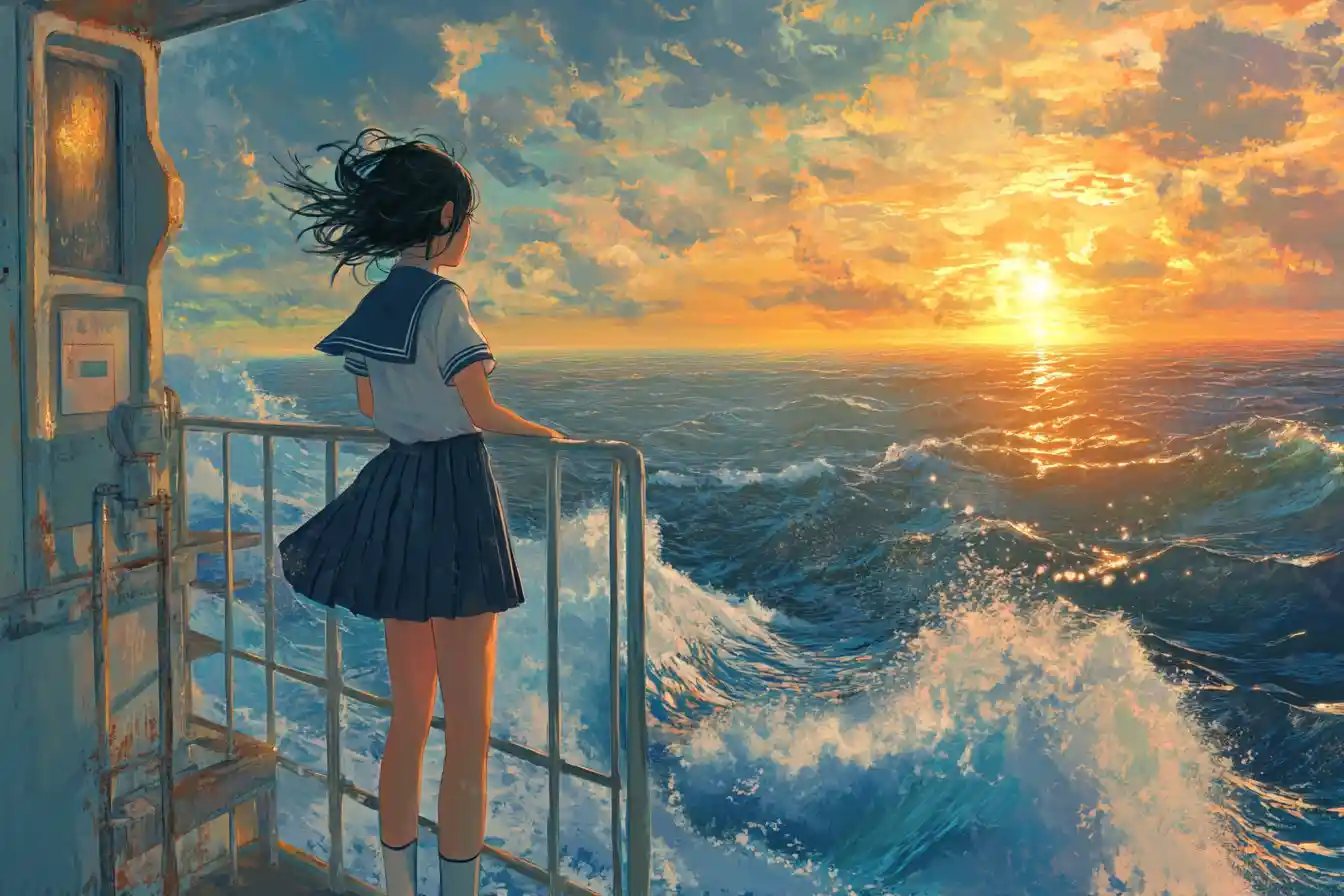 Japanese schoolgirl on a lighthouse balcony in summer light