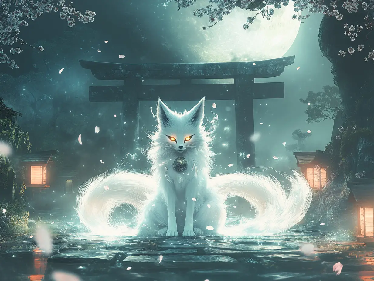 Mystischer neunschwänziger Kitsune im verzauberten Mondlicht