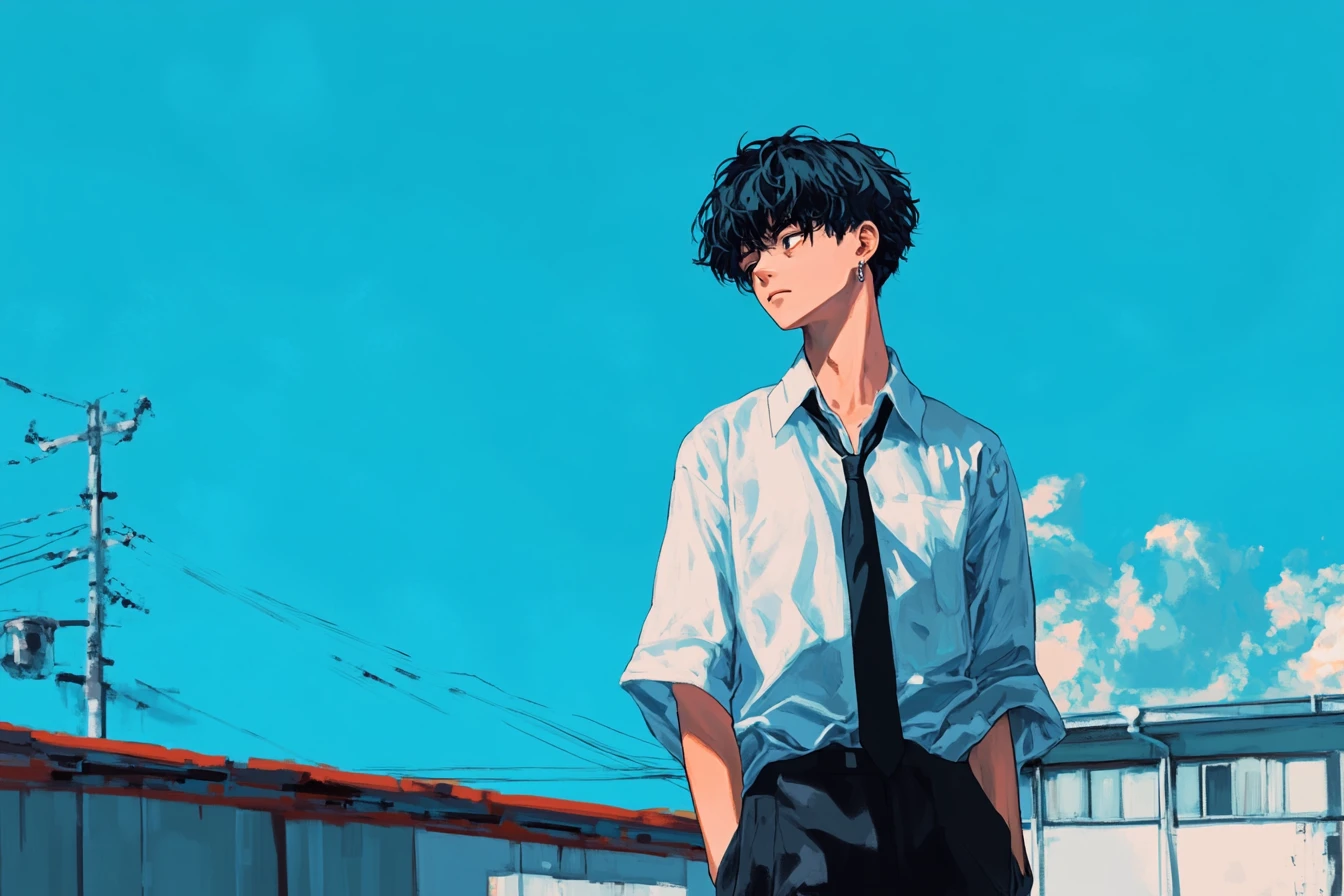 Chico de anime rebelde en una luminosa azotea escolar