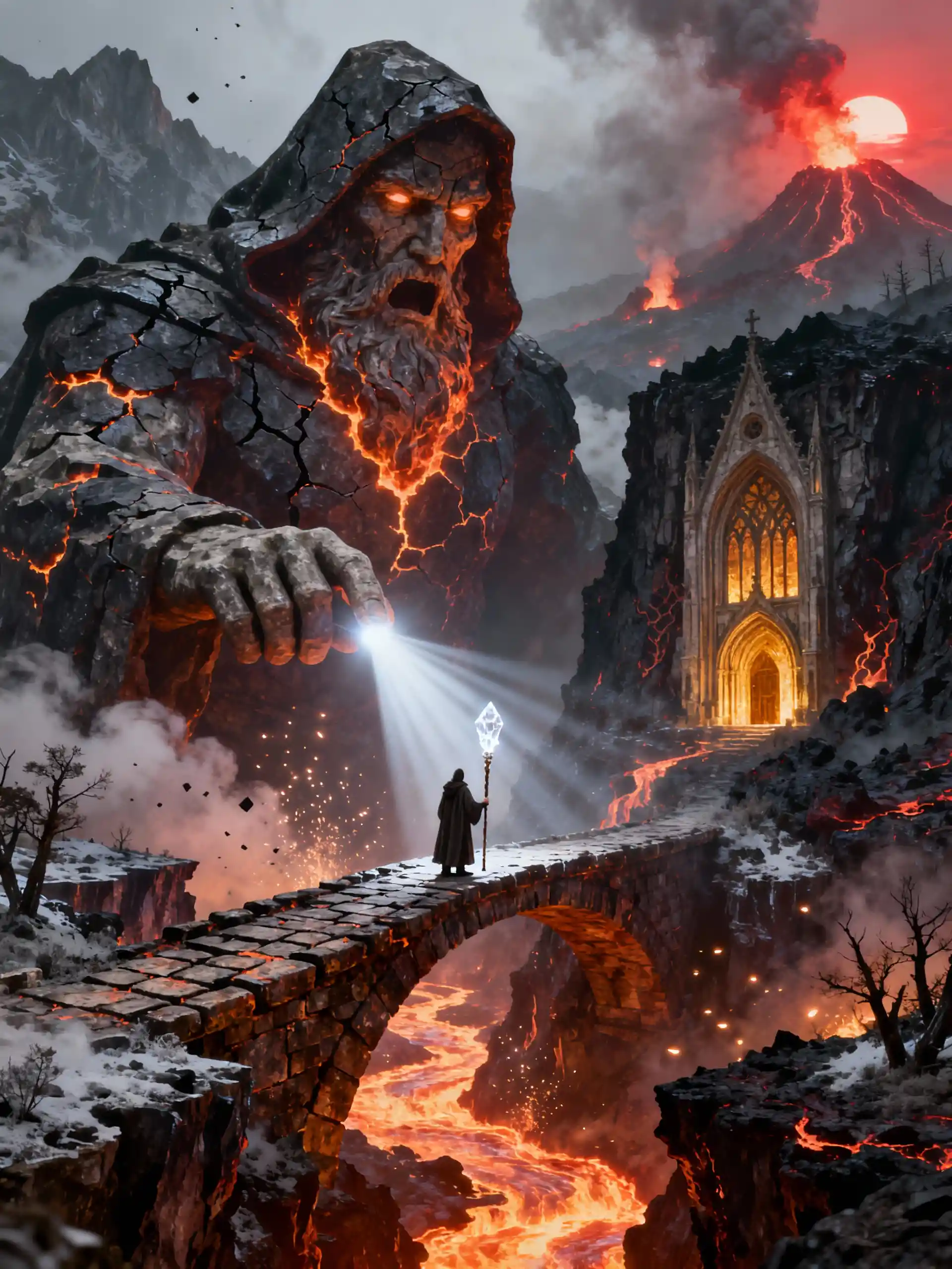 Colossale gigante di pietra che protegge un ponte di lava
