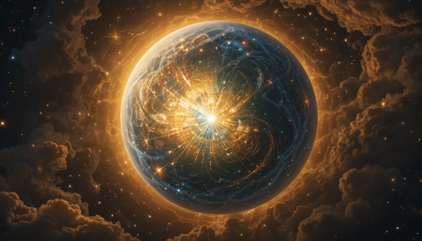 Esfera divina dourada envolvendo uma esfera menor do mundo natural