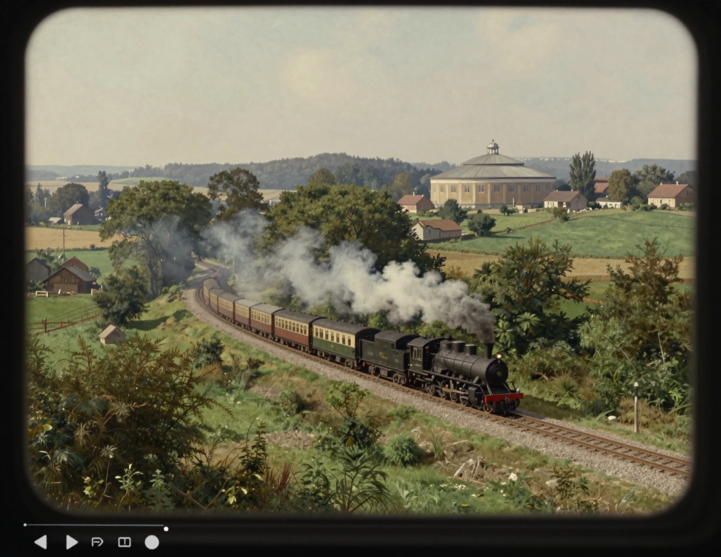Pintura vintage de um trem a vapor em campo verde