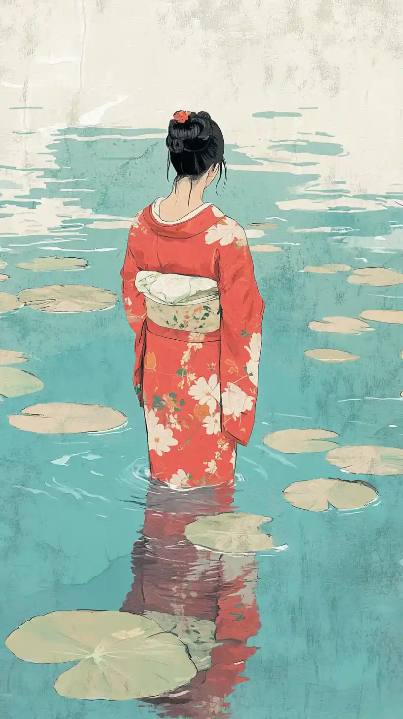 Young woman in red kimono standing in tranquil turquoise water