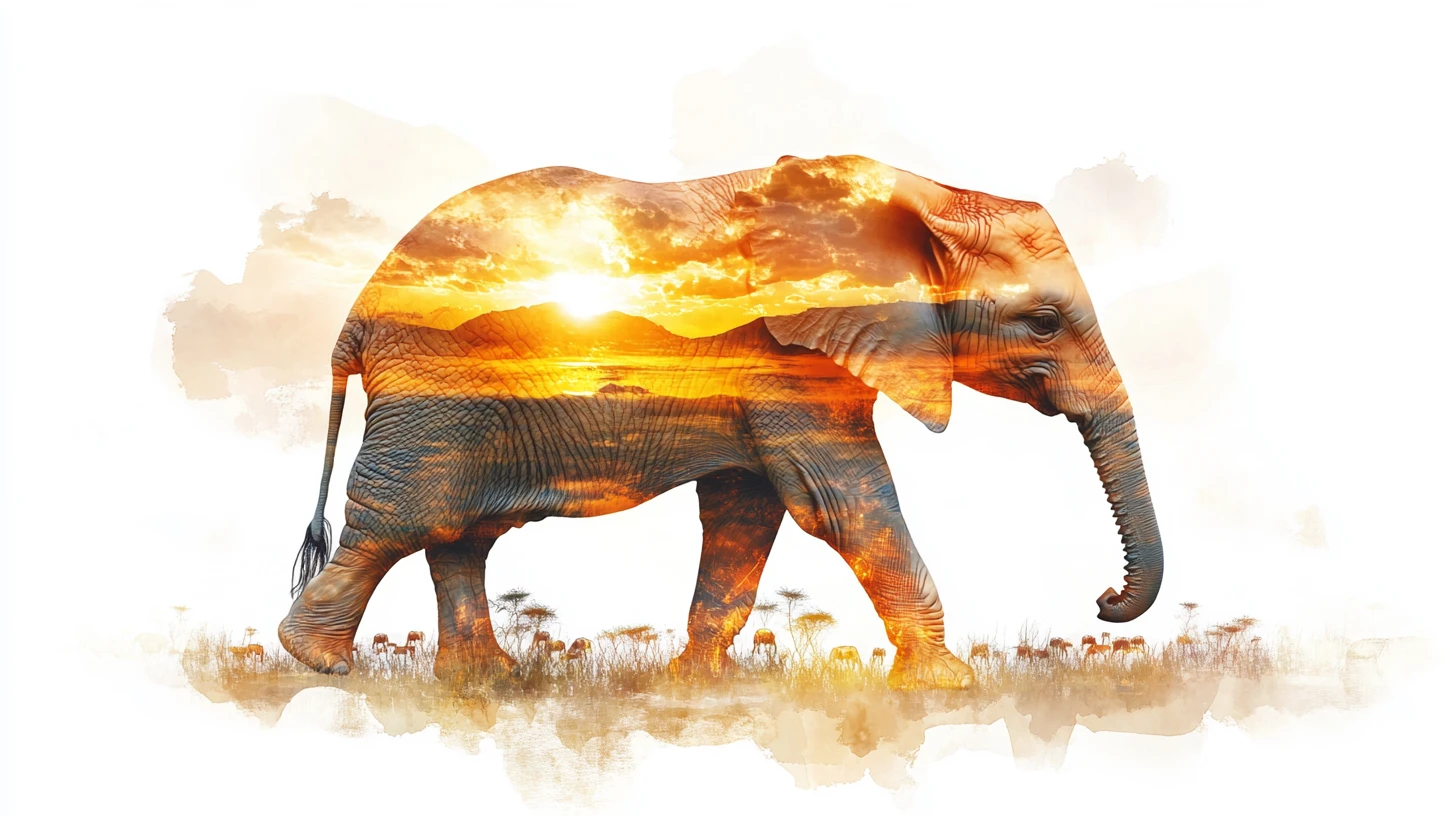 Baby elephant watercolor with savanna double exposure silhouette