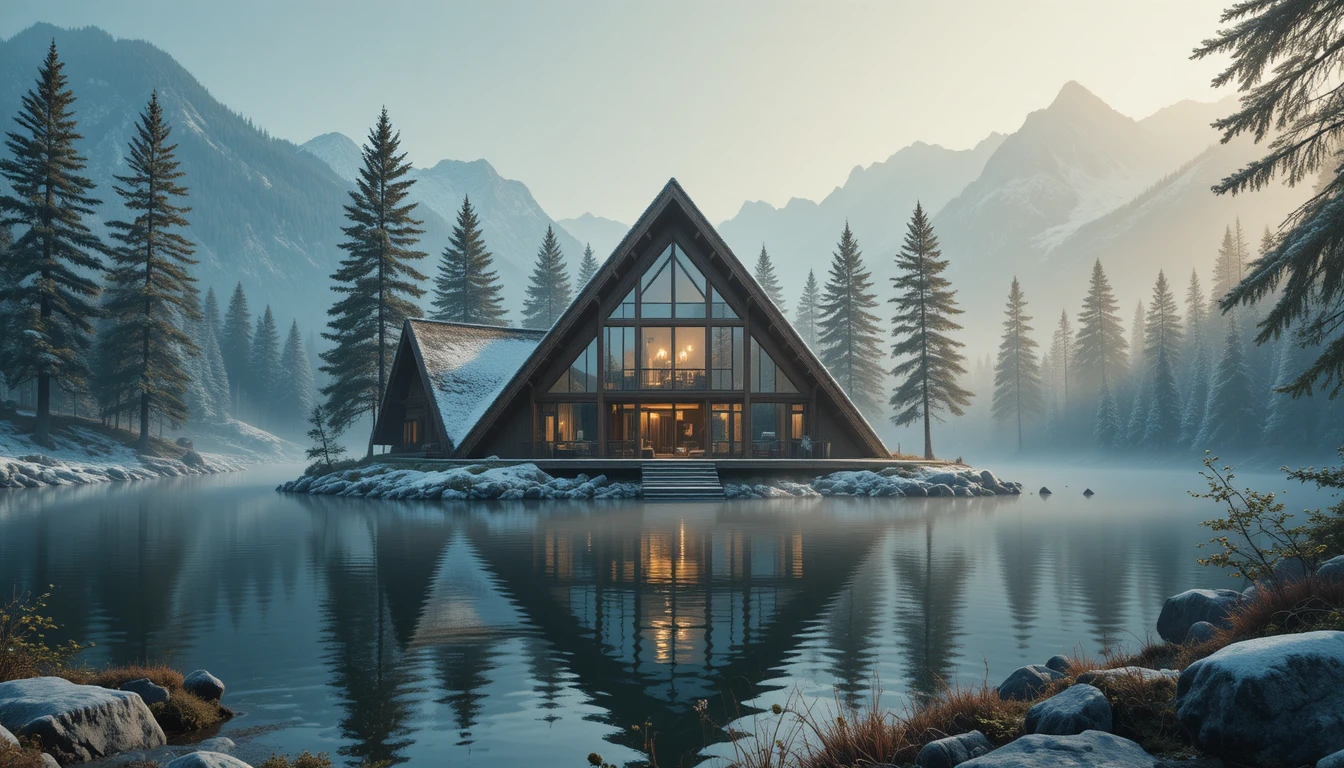 Casa sul lago in legno in stile scandinavo nella soffice luce del mattino