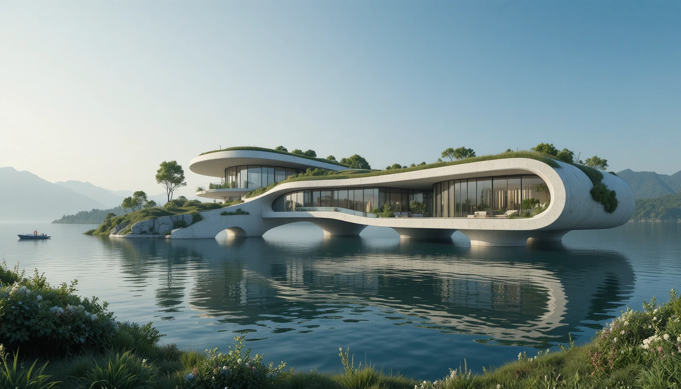 Modern villa floating on a tranquil lake in soft daylight