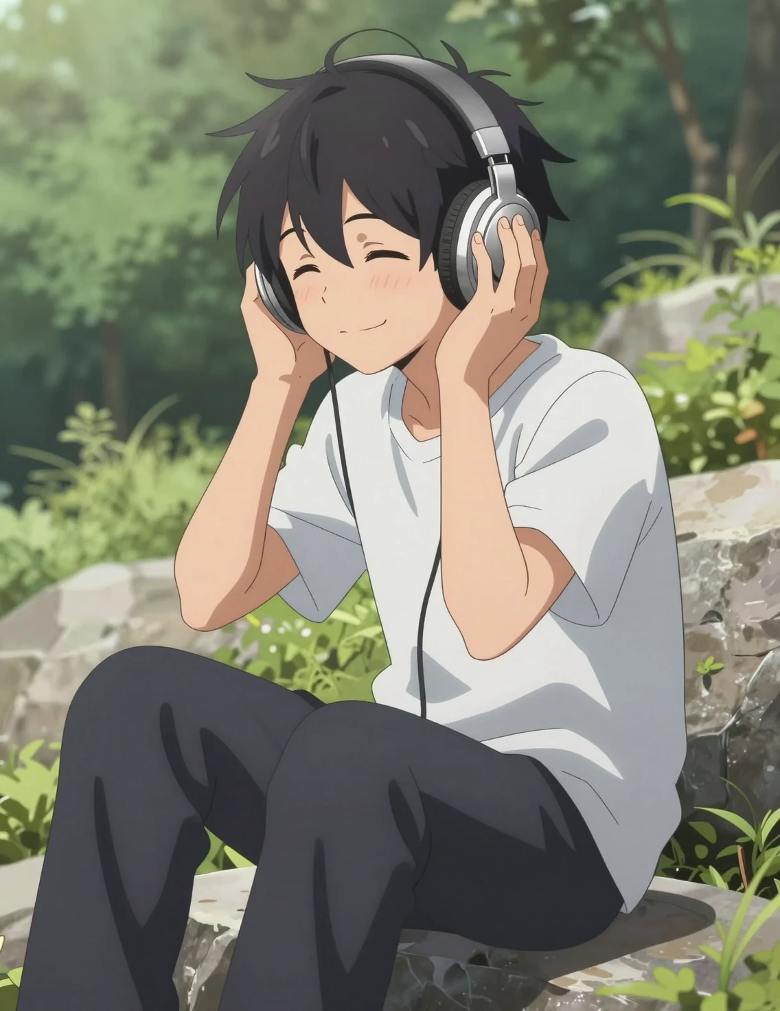 Anime boy with headphones sitting on a rock outdoors