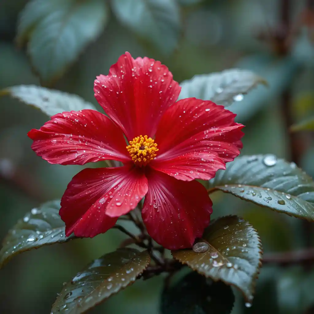 Un solo fiore rosso su un ramo sotto la pioggia