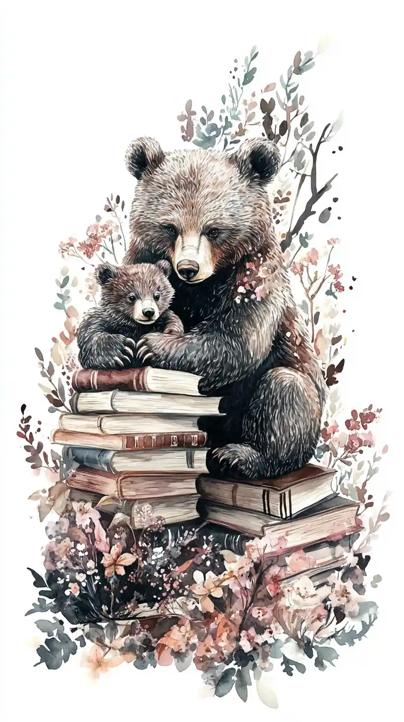 Aquarellbär mit Jungem neben Büchern auf weißem Hintergrund