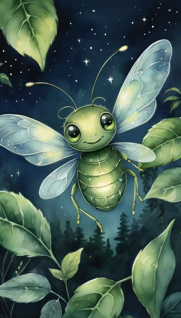 Smiling firefly with green eyes in a dreamy night forest
