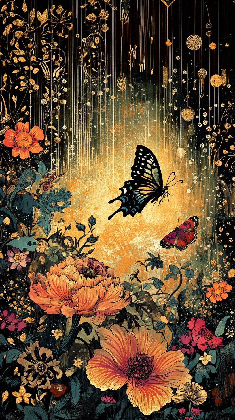 Flores e borboleta em silhueta em design abstrato de proporção áurea