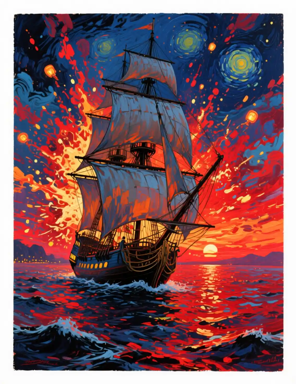 Segelschiff auf rotem Meer bei Nacht in leuchtender Meereslandschaft