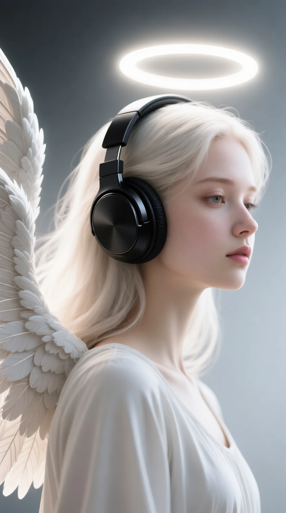 Anjo sereno de fones de ouvido com halo branco brilhante