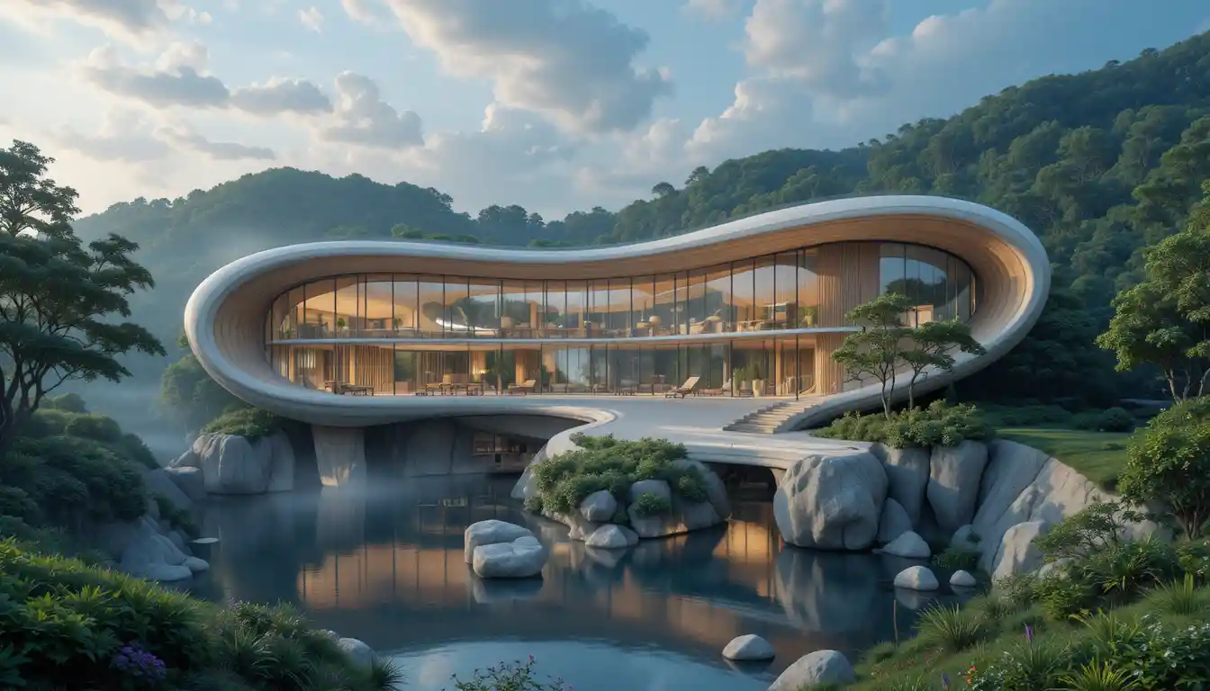 Futuristic architecture harmonizing with a serene natural landscape