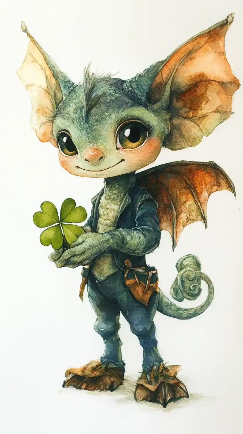 Duende onírico em aquarela segurando um pequeno trevo