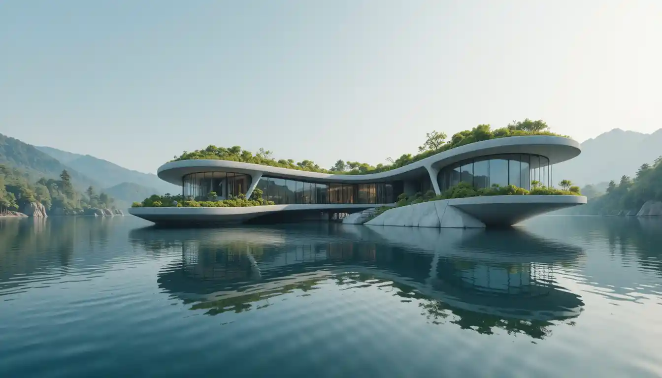 Futuristic lakeside villa with glass walls and green roof
