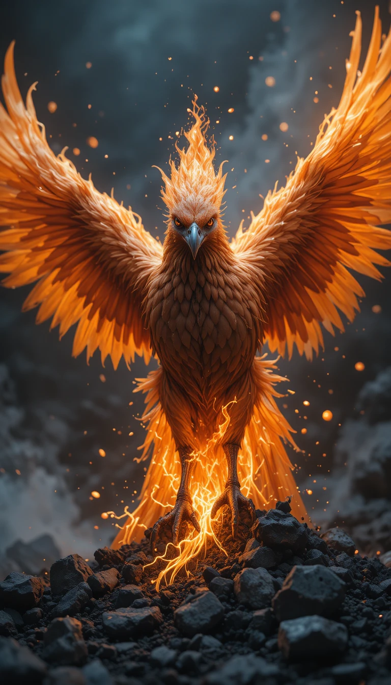 Phoenix rising calmly from cooled ash in close up portrait