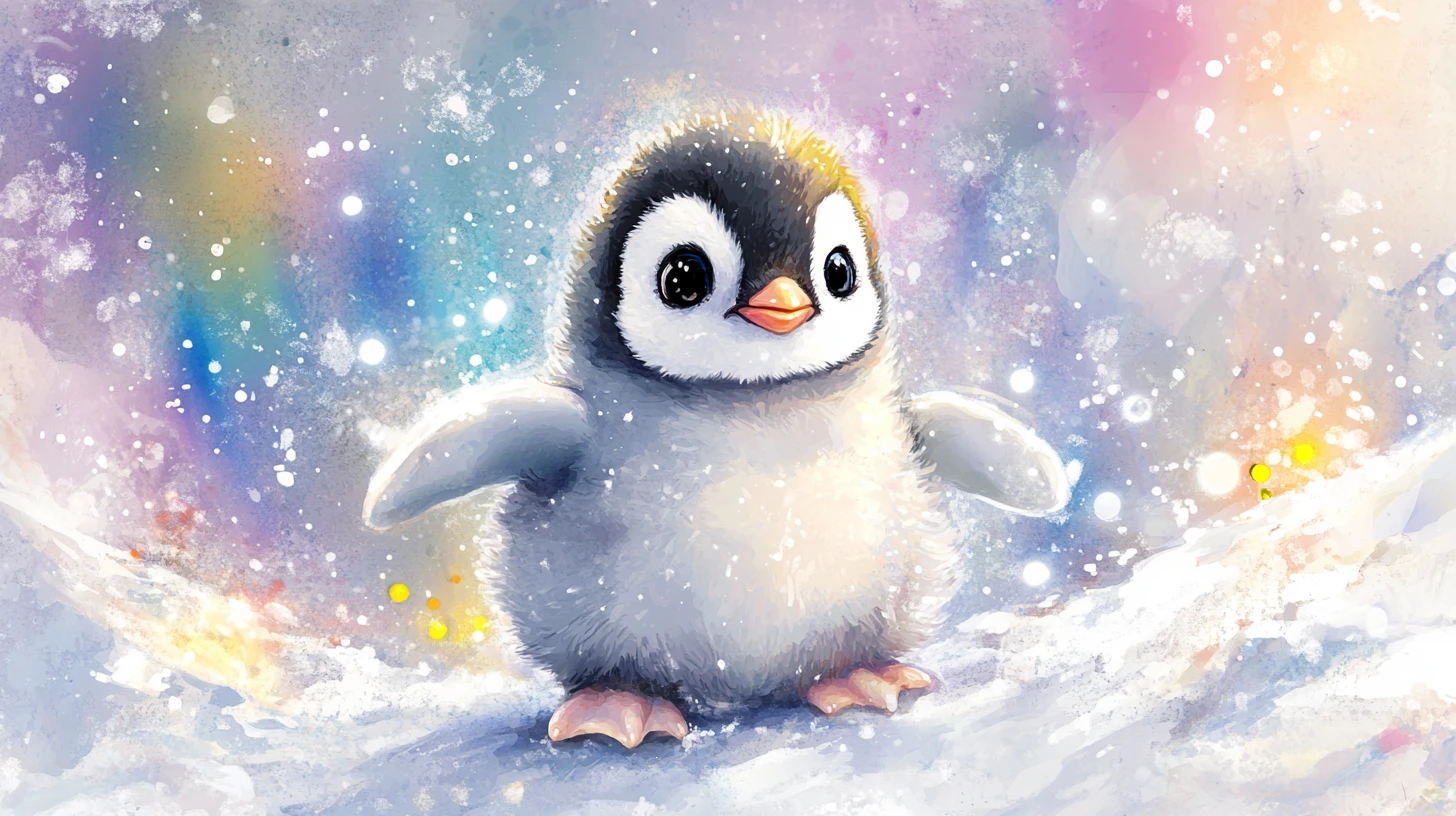Tierno bebé pingüino sobre témpano de hielo bajo un cielo de aurora brillante