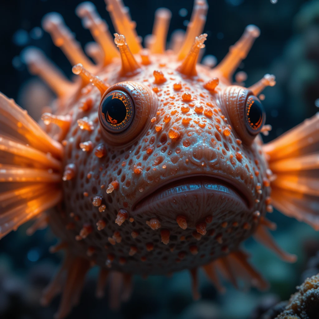 Cinematic close up of a pufferfish with toxic glow