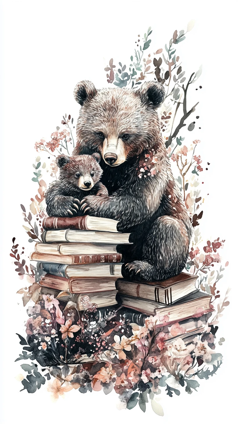 Watercolor bear and cub beside books on white background