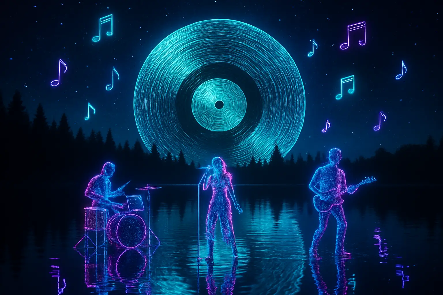 Lago notturno surreale con luna-disco luminosa e band