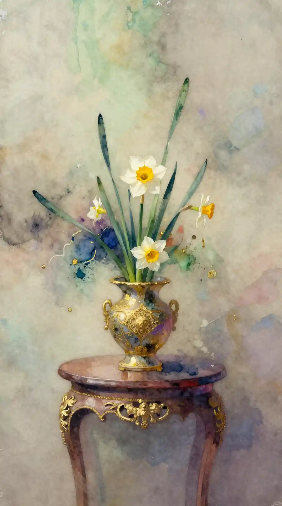 Abstract ikebana arrangement with daffodil in ornate vase