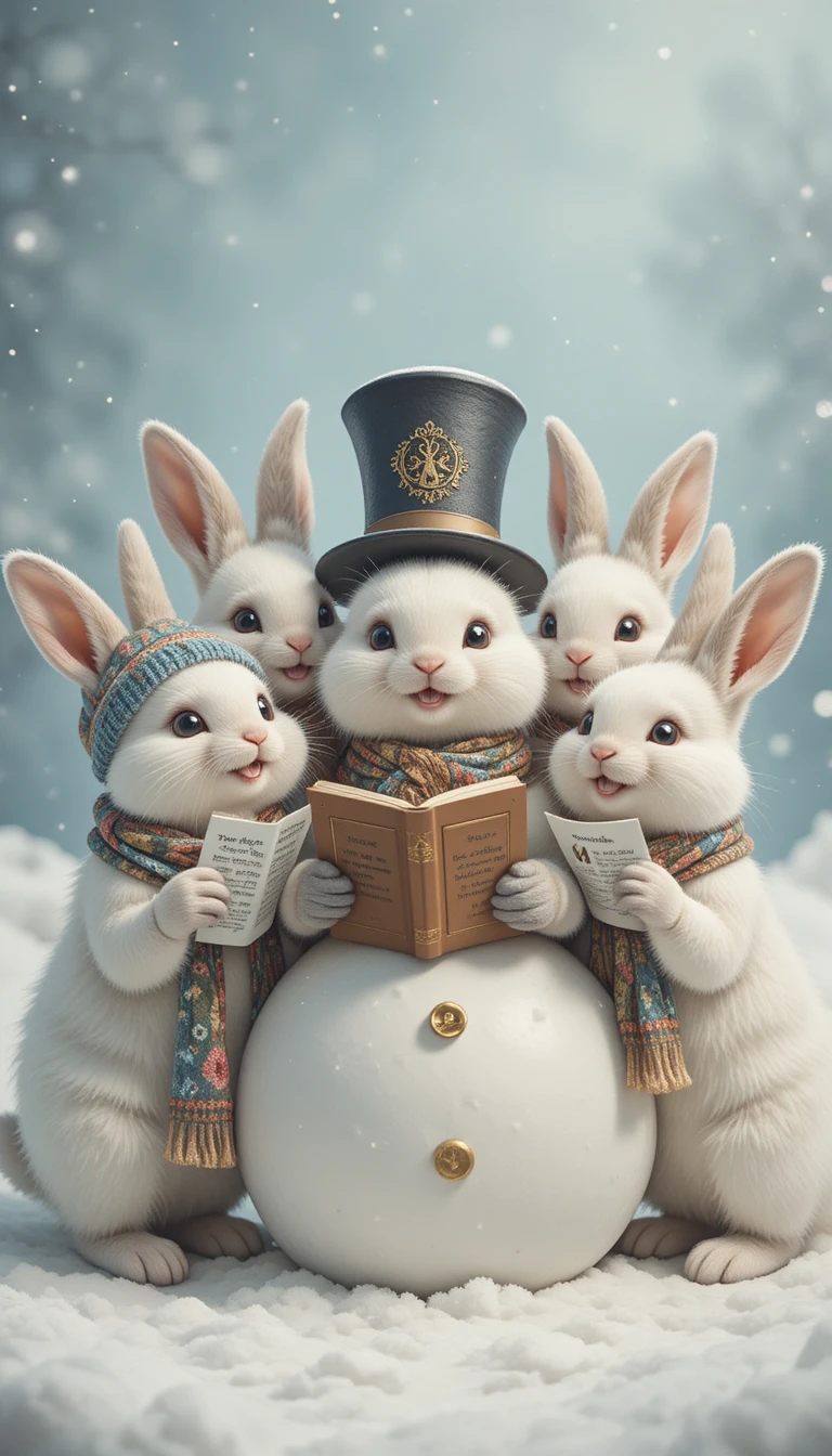 Cute white rabbits caroling around a snowy snowman