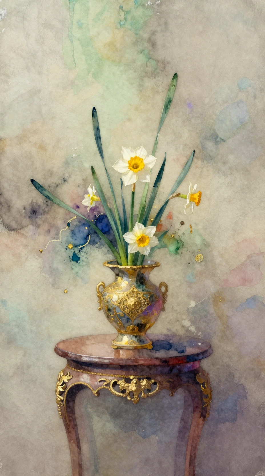 Composition ikebana abstraite avec narcisse dans un vase ornementé