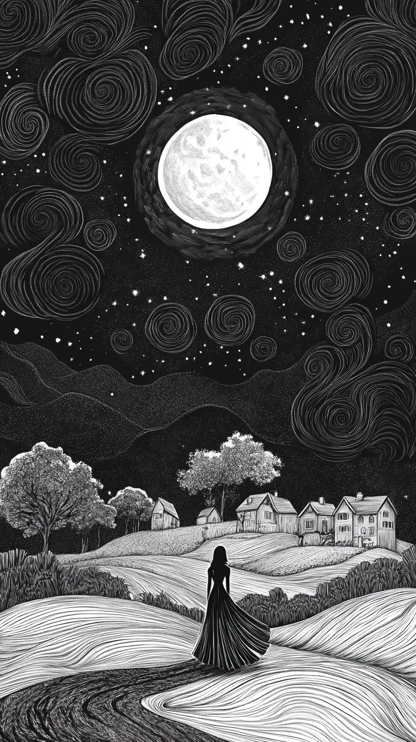 Fée Marchant Sous un Ciel au Clair de Lune dans un Paysage Fantastique à l’Encre