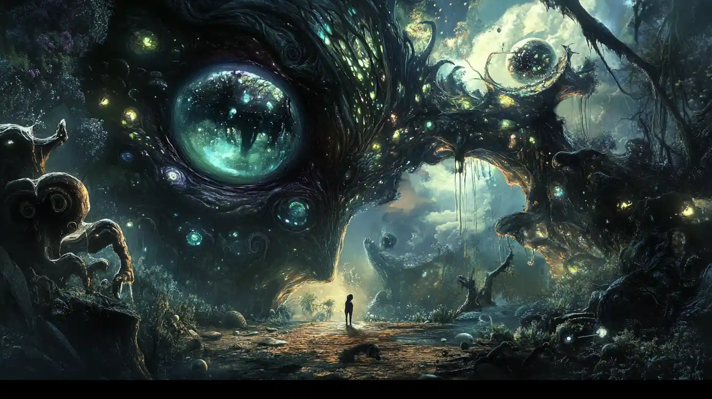 Créature alien surréaliste dans une scène d’illusion dark fantasy