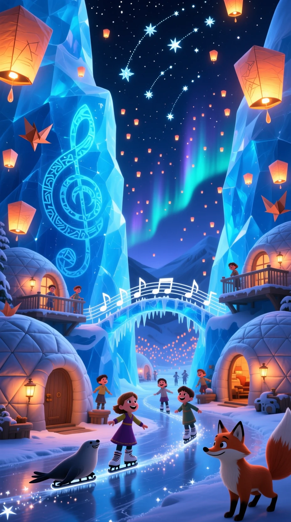 Village secret de glace illuminé à l’intérieur d’un colossal glacier bleu