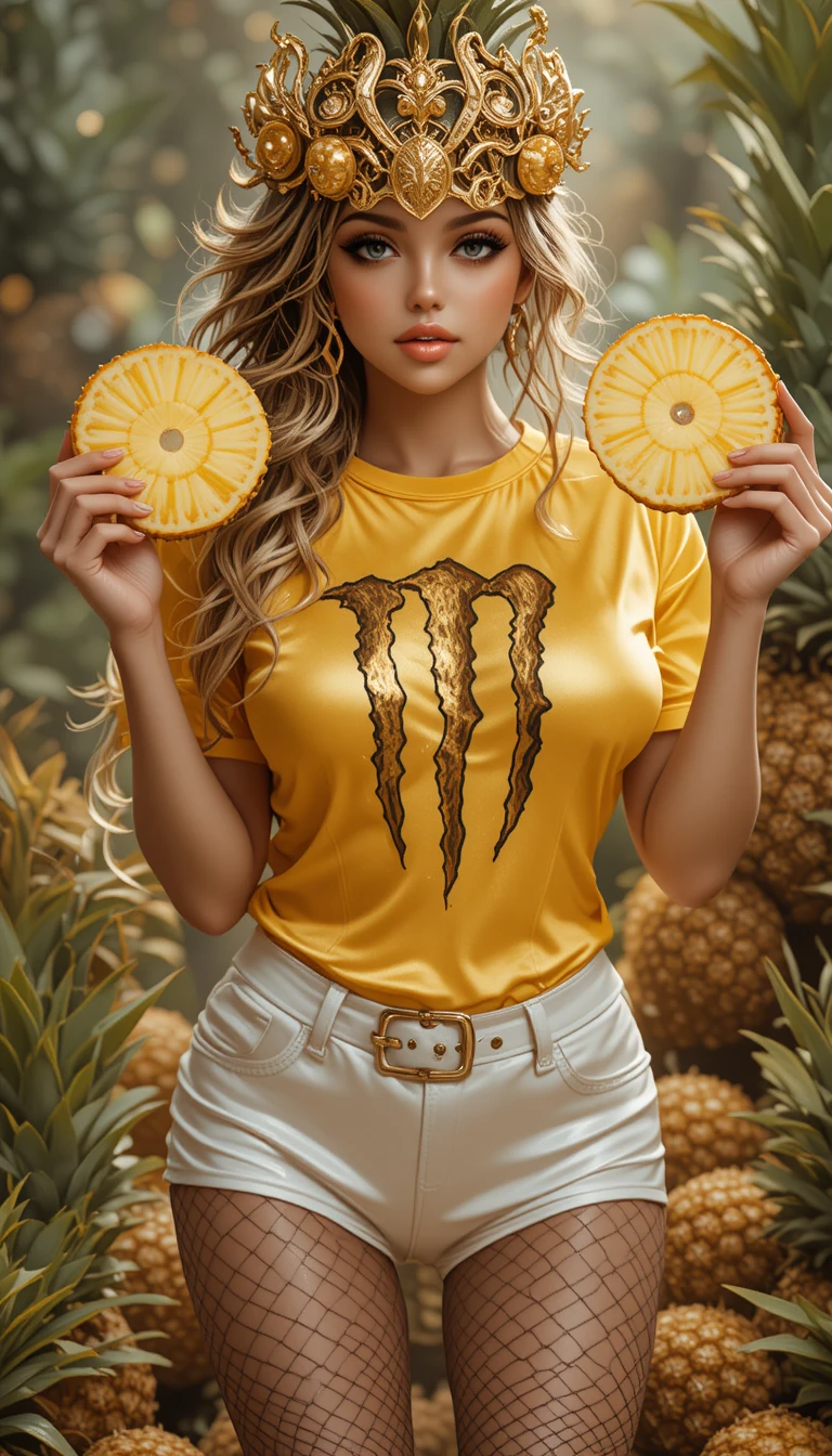 Glamouröse blonde Frau im gelben Top mit saftiger Ananas in der Hand