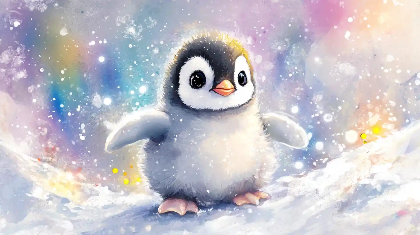 Cute baby penguin on icy floe under glowing aurora sky