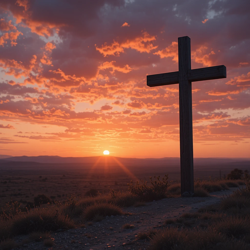 Cruz de madeira solitária em silhueta contra um pôr do sol vibrante