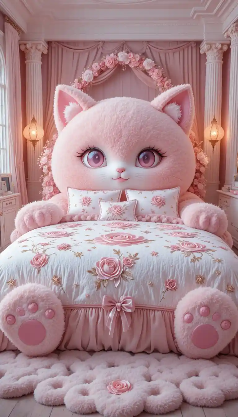 Giant kawaii cat bed in a dreamy rose nursery