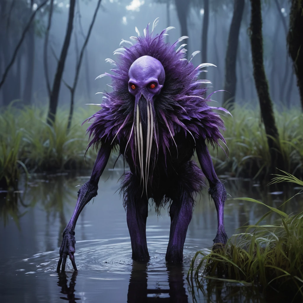 Créature humanoïde des marais sous une étrange lueur violette au crépuscule