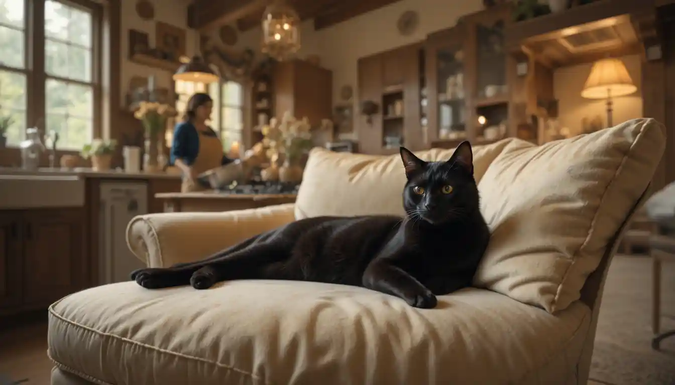 Black cat resting on a couch in a cozy kitchen
