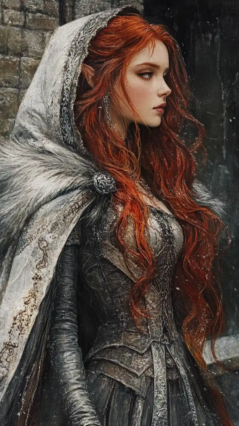 Mulher ruiva de fantasia ao lado de um castelo à noite