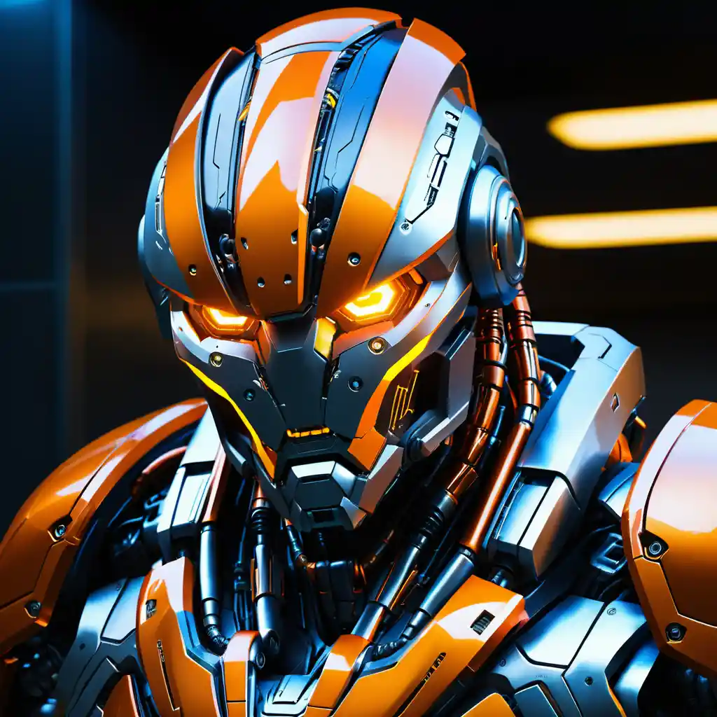 Cyborg warrior with robotic helmet and glowing orange eyes