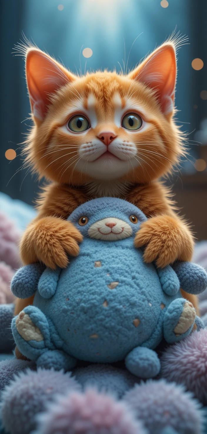 Pequeno gato laranja brincalhão à procura de um brinquedo perdido