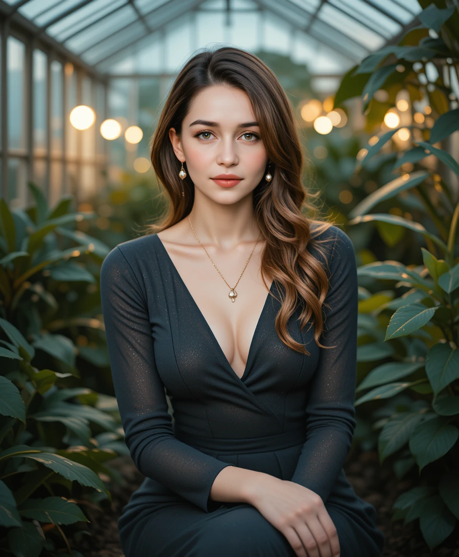 Retrato cinematográfico de mulher elegante em estufa