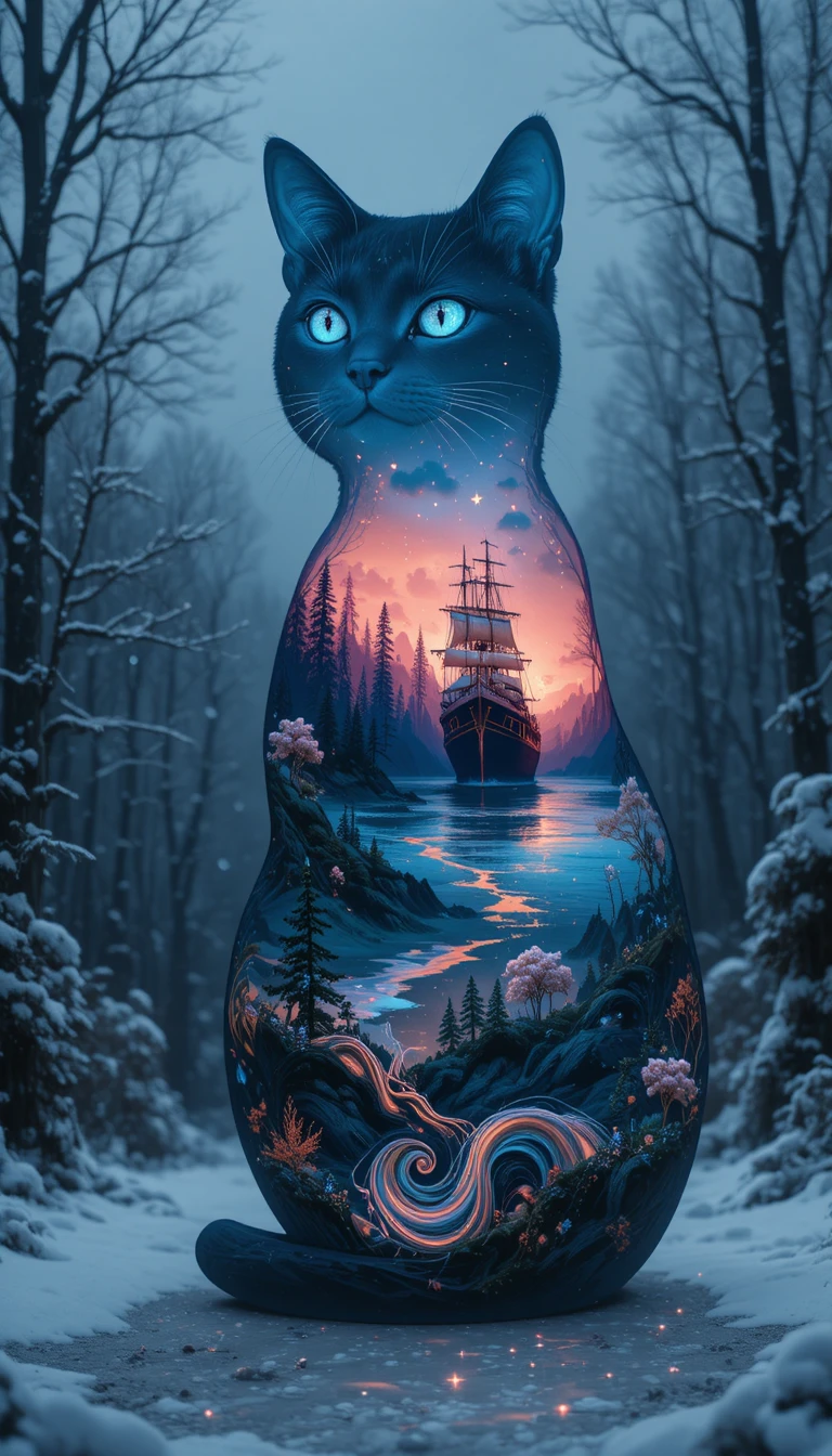 Paysage d’hiver dans une silhouette de chat néon en body art