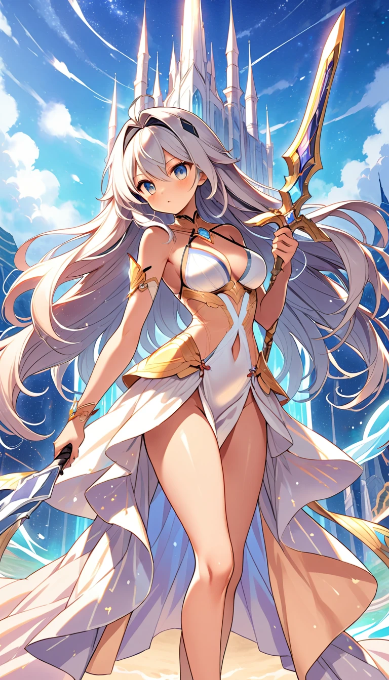 Chica ángel de cabello plateado con espada azul brillante