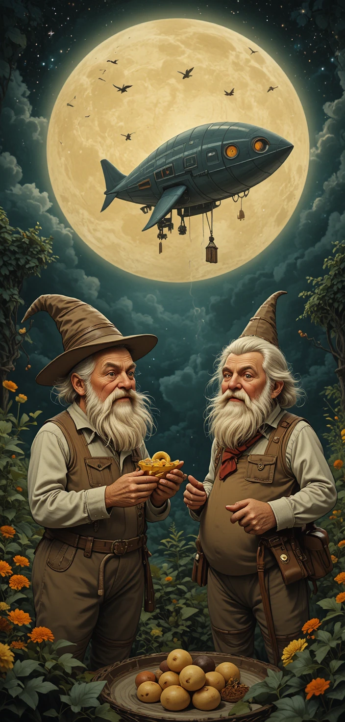 Two old peasants share soup as a UFO lands nearby