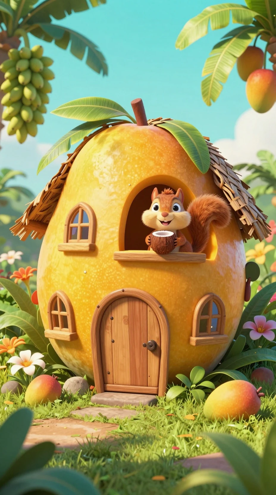 熱帶天空下芒果小屋中的俏皮松鼠