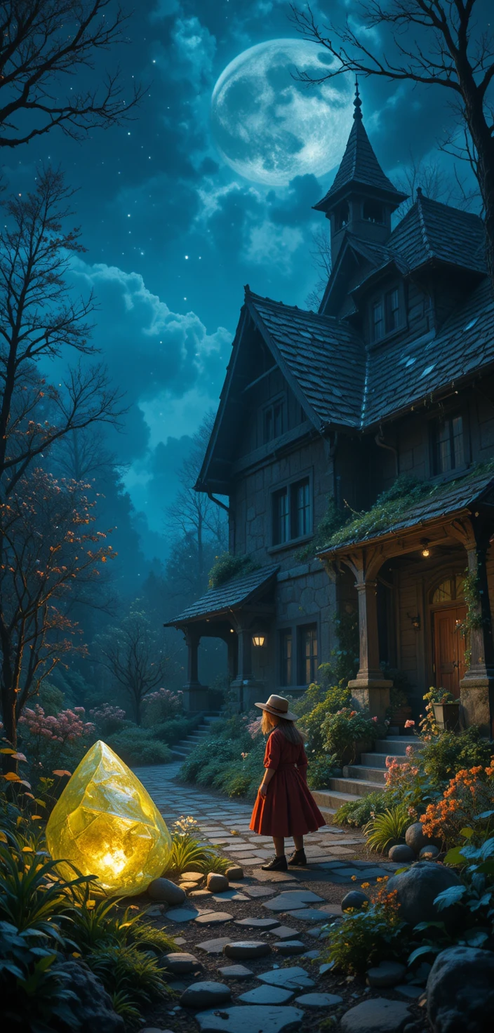 Girl discovering a magical yellow stone in Gadgetville at night